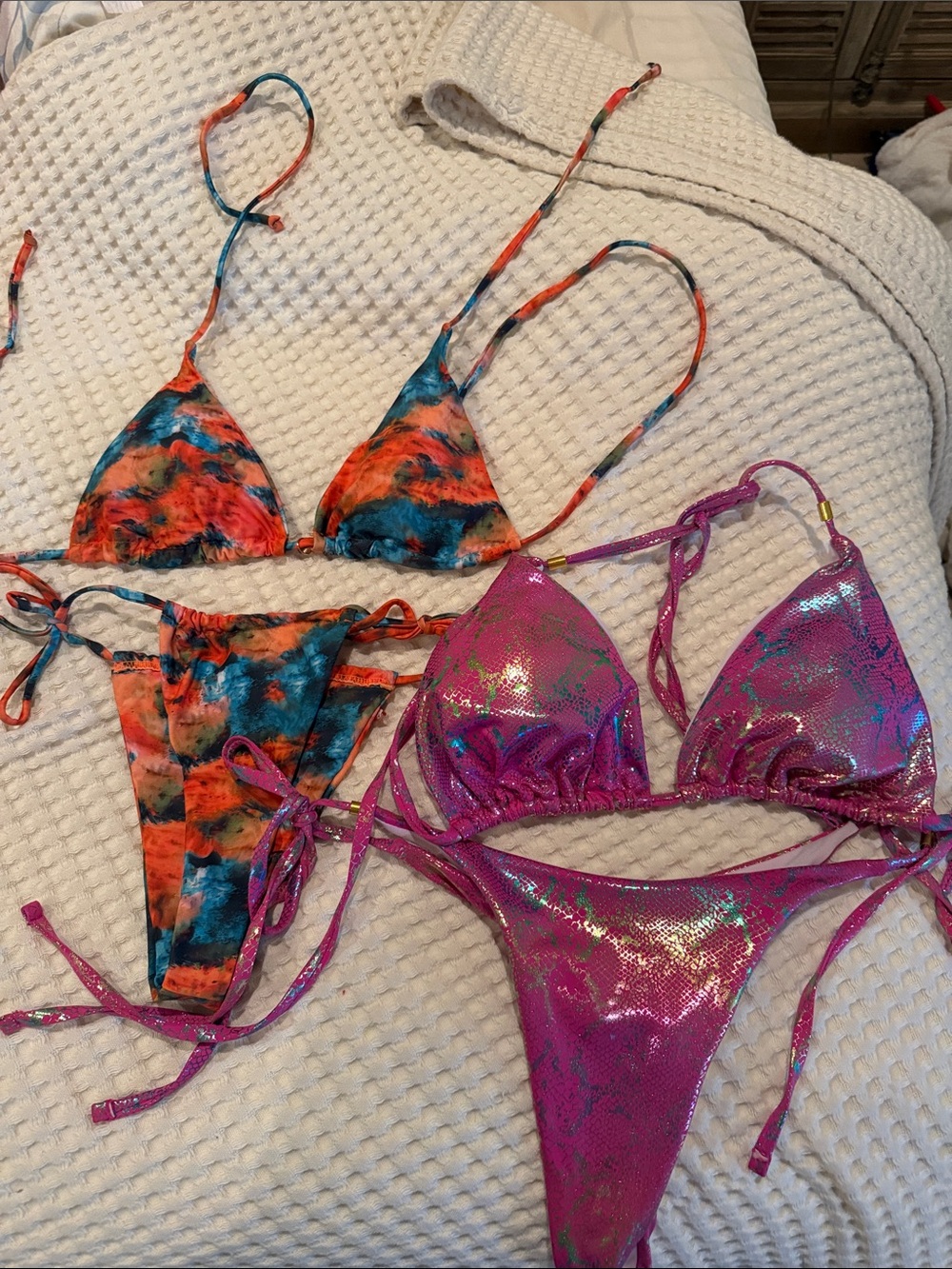 SHEIN Orange Teal Tie-Dye Bikini & SHEIN Shiny Magenta Bikini Two-Piece Set